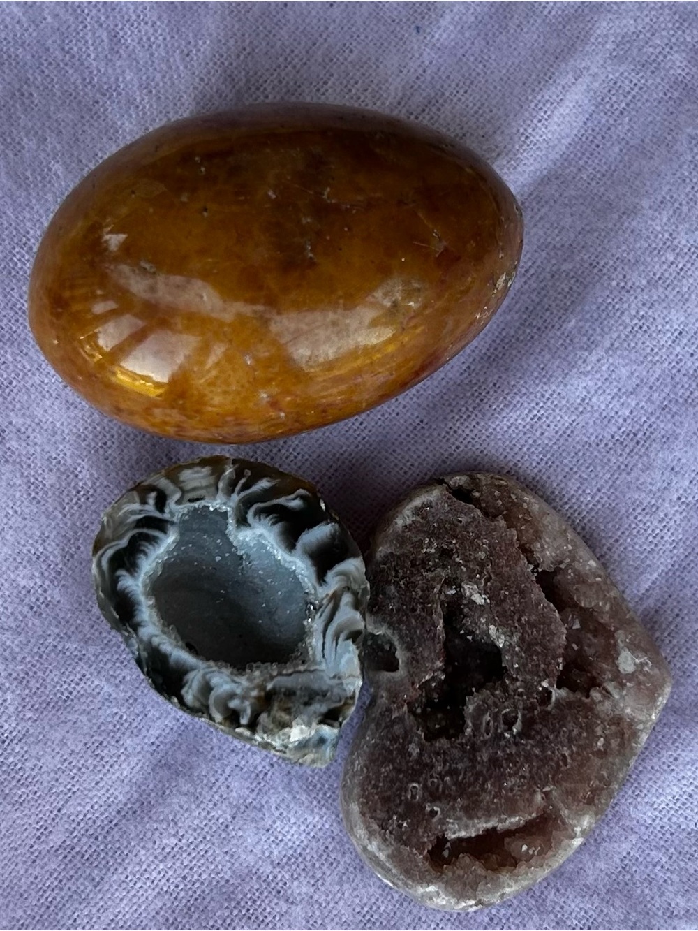 Polished Amber Egg & Natural Geode Trio - Golden Brown and Gray